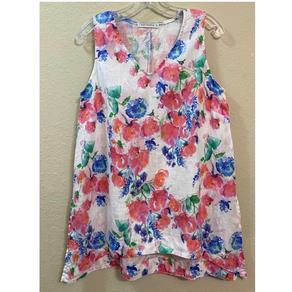 Cut Loose 100% Linen Floral Sleeveless Top Vintage Tank Size Small